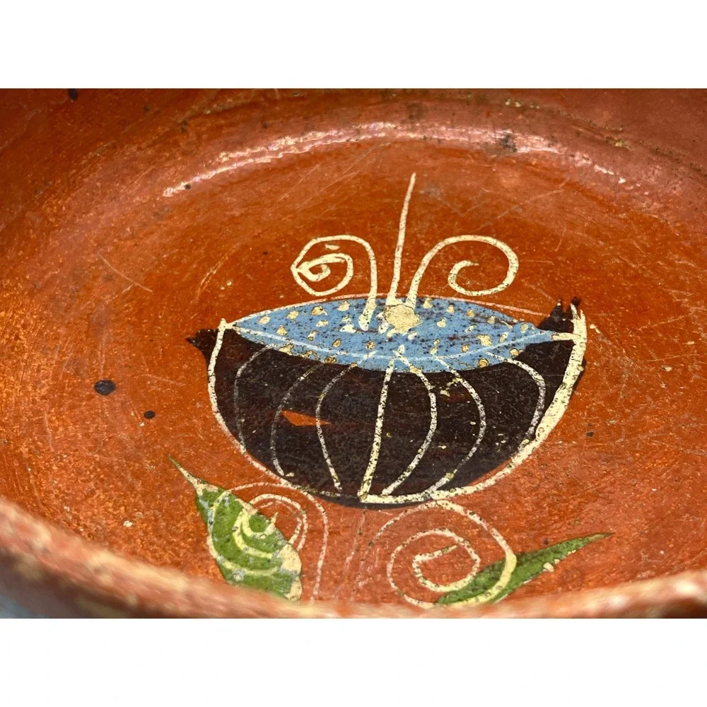 Vintage HECHO EN MEXICO Redware Pottery‎ Serving Bowl Hand-made Painted
